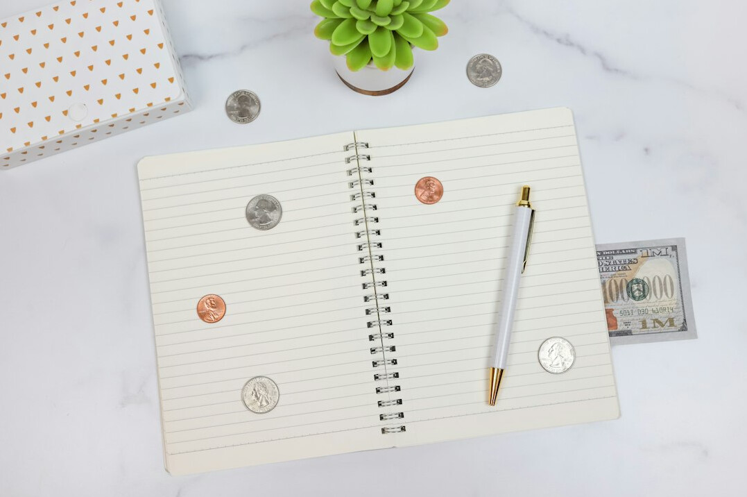 person tracking expenses in notebook